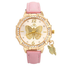 Charger l'image dans la galerie, New Women Quartz Watches Butterfly Rhinestone Pendant Leather Wrist Watch Casual Golden Dial Ladies Watch Montre Femme Clock*533