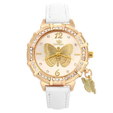 Charger l'image dans la galerie, New Women Quartz Watches Butterfly Rhinestone Pendant Leather Wrist Watch Casual Golden Dial Ladies Watch Montre Femme Clock*533