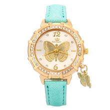 Charger l'image dans la galerie, New Women Quartz Watches Butterfly Rhinestone Pendant Leather Wrist Watch Casual Golden Dial Ladies Watch Montre Femme Clock*533