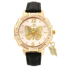 Charger l'image dans la galerie, New Women Quartz Watches Butterfly Rhinestone Pendant Leather Wrist Watch Casual Golden Dial Ladies Watch Montre Femme Clock*533
