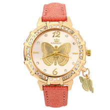 Charger l'image dans la galerie, New Women Quartz Watches Butterfly Rhinestone Pendant Leather Wrist Watch Casual Golden Dial Ladies Watch Montre Femme Clock*533